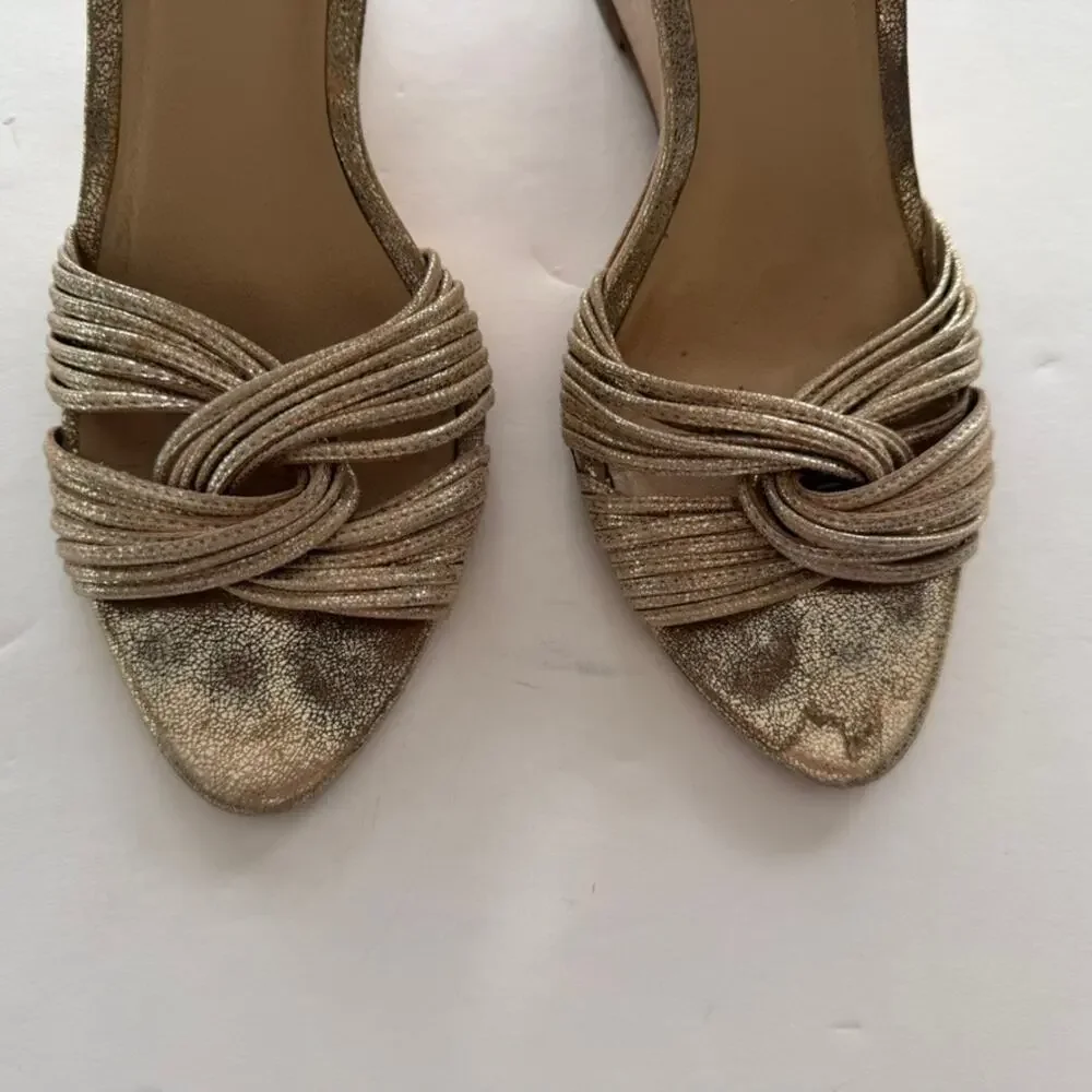 Loefller Randall Allegra Wedge Heels Sandals Gold Size 9 Open Toe Ankle Strap